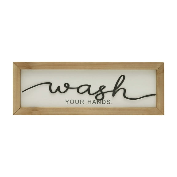 Parisloft Wash Your Hands Framed Wood and Metal Wall Sign, Farmhouse Bathroom Decor, 15.75 x 5.5 inches