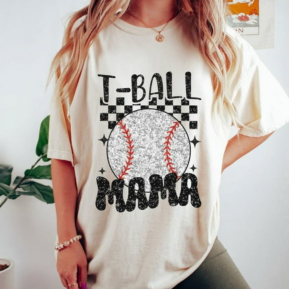 Retro T-Ball Mama T-Shirt, Glitter Baseball Mom Tee, Game Day Outfit for Proud Moms, Stylish Baseball Shirt for Tee Ball Fans