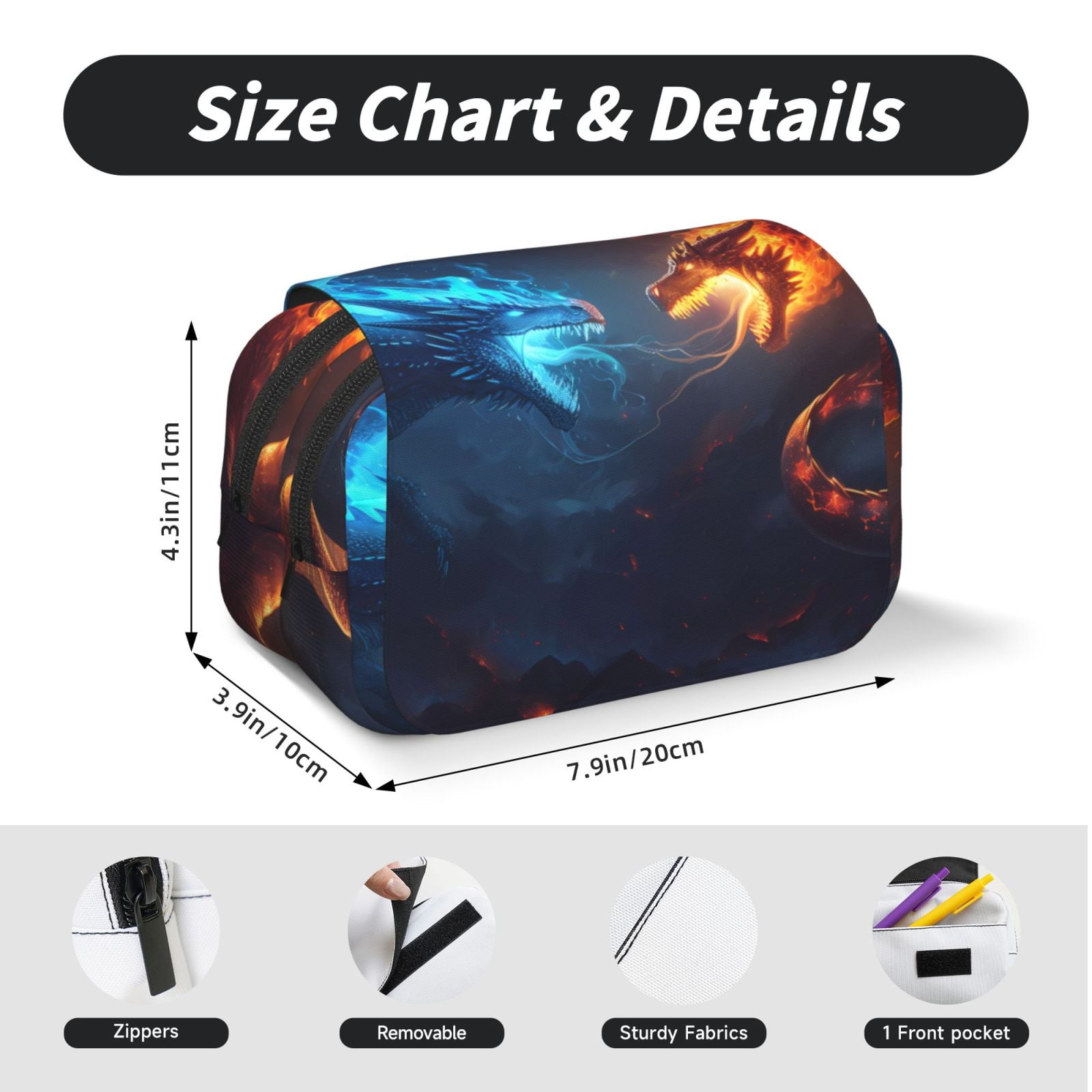 Rateoe Red And Blue Fire Dragon C Pattern Double Clamshell Pen Case, Storage Organizer with Two Zipper Compartments– Holds Up to 50 Pencils & Pens
