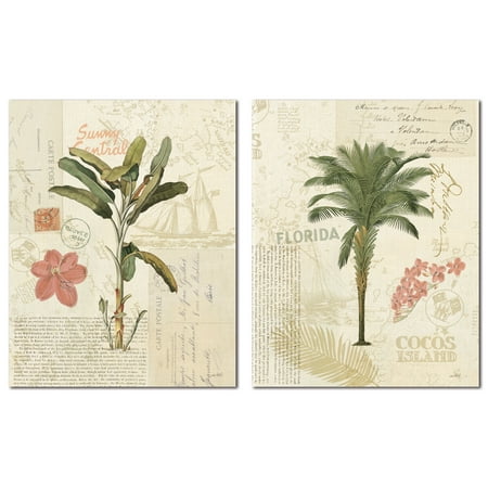 Tropical Florida Banana Plan and Palm Tree Set by Katie Pertiet; Two 11x14in Poster Prints.