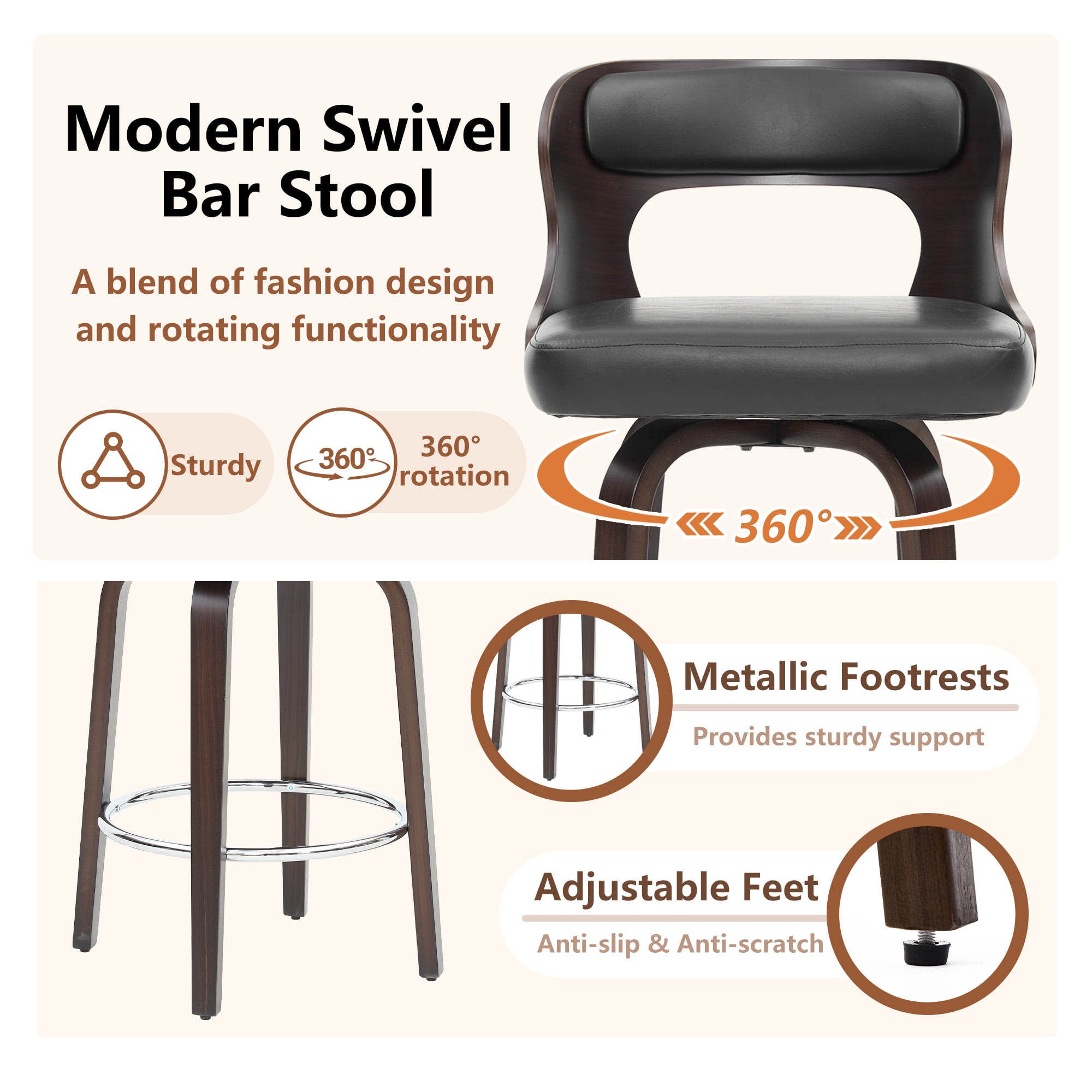 ClinQ 26 inch Swivel Bar Stools Set of 4, Counter Height Bar Chairs with Walnut Legs and Silver Ring Footrest, Upholstered Faux Leather, Black