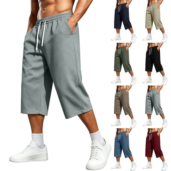 QSXADF Men's Capris Elastic Waist Drawstring Shorts Drawstring Pocket Sweatpants Elastic Waist 3/4 Length Gym Joggers Athletic Daily Mens Casual Trousers