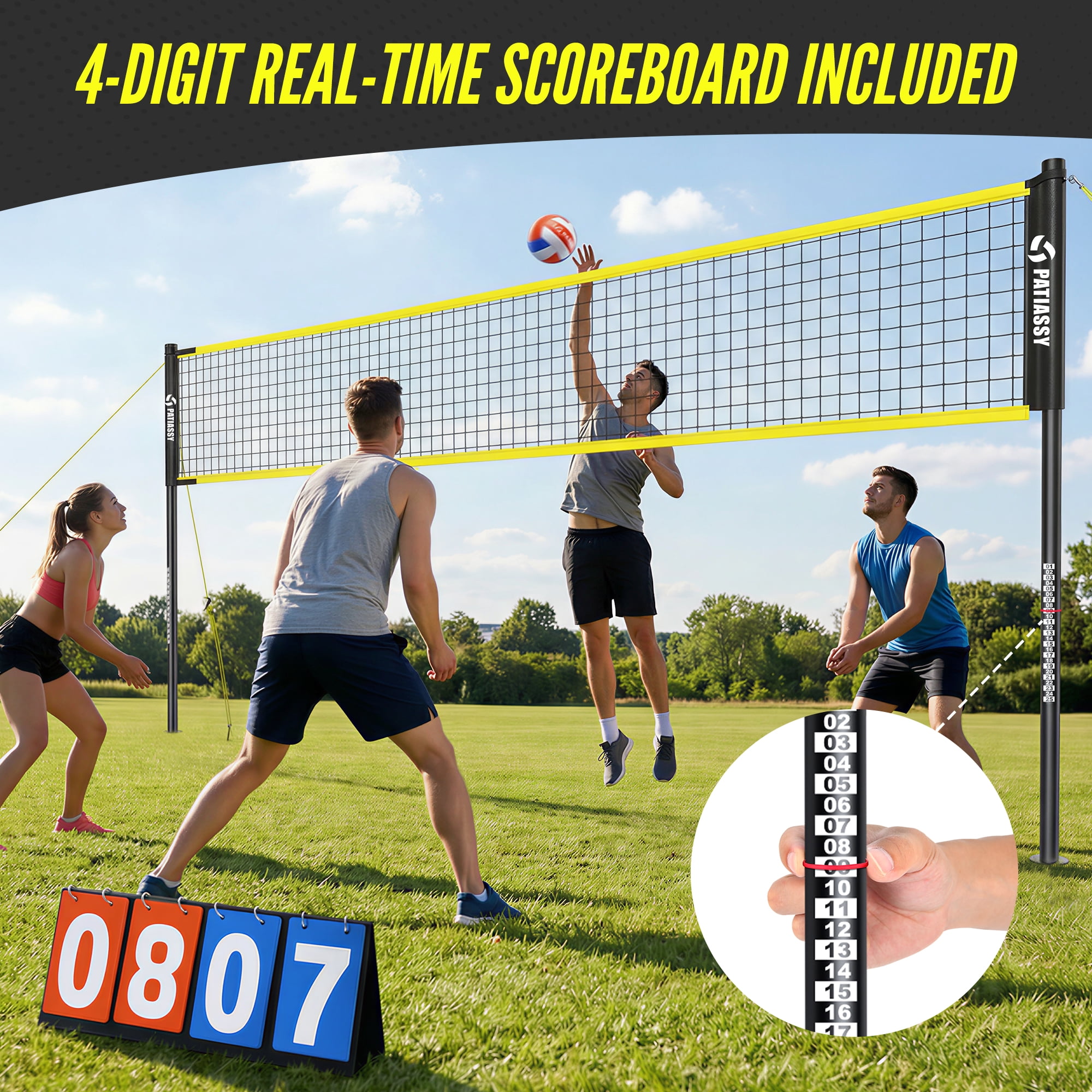 Patiassy 32/26/20FT Adjustable Height & Width Portable Volleyball Net Set with Rust-Resistant Steel Poles, Scoreboard, Ball & Carry Bag for Backyard