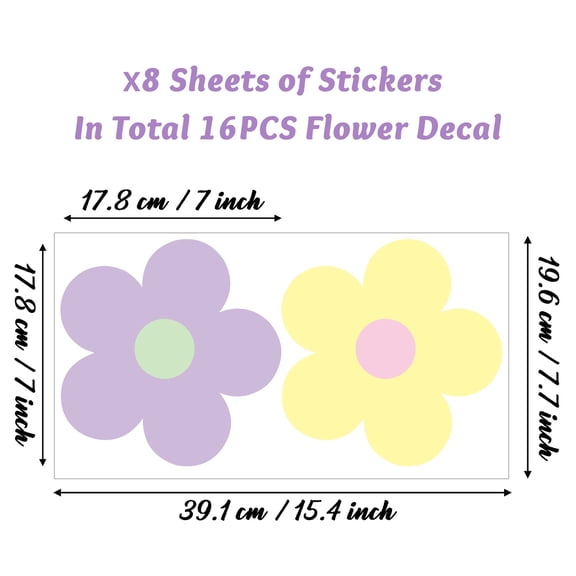 16Piece Pastel Flowers Self-adhesive Wall Stickers, Floral Wall Decals for Bedroom, Nursery & Living Room