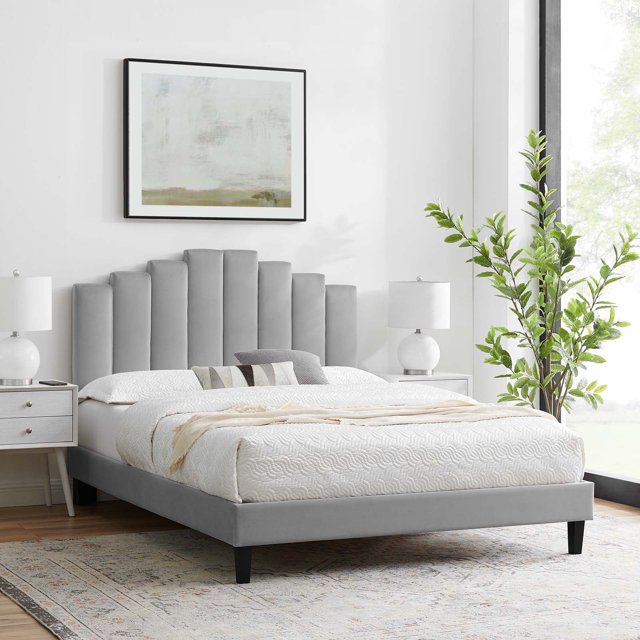 Modway Elise Lit Plateforme en Velours Performance Très Grand Gris Clair