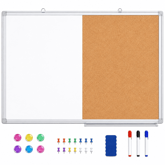 36 x 24 in Magnetic Dry Erase Whiteboard and Cork Board Combo, Aluminum Frame Wall-Mount Bulletin Board with Accessories