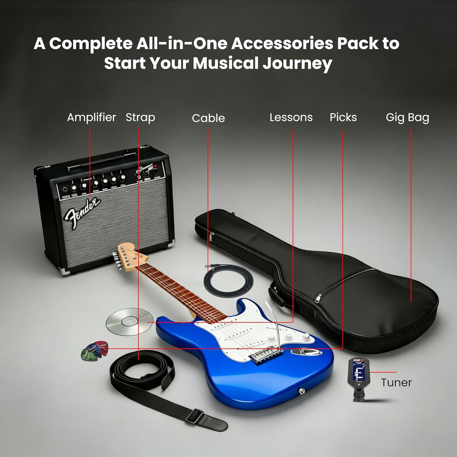 Fender Squier Sonic Stratocaster Pack - Sapphire Blue Transparent Bundle with Frontman 10G Amp, Gig Bag, Instrument Cable, Strap, and Picks