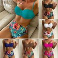 thumbnail image 1 of Fairnull 2Pcs/Set Pleated Bandeau Adjustable Straps Bikini Set Solid Color Bra High Waist Floral Briefs Swimwear Beachwear, 1 of 8