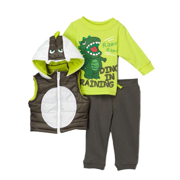 Boyz Wear Infant Boys 3-Piece Dinosaur Outfit Hooded Vest Shirt & Pants Set 24m