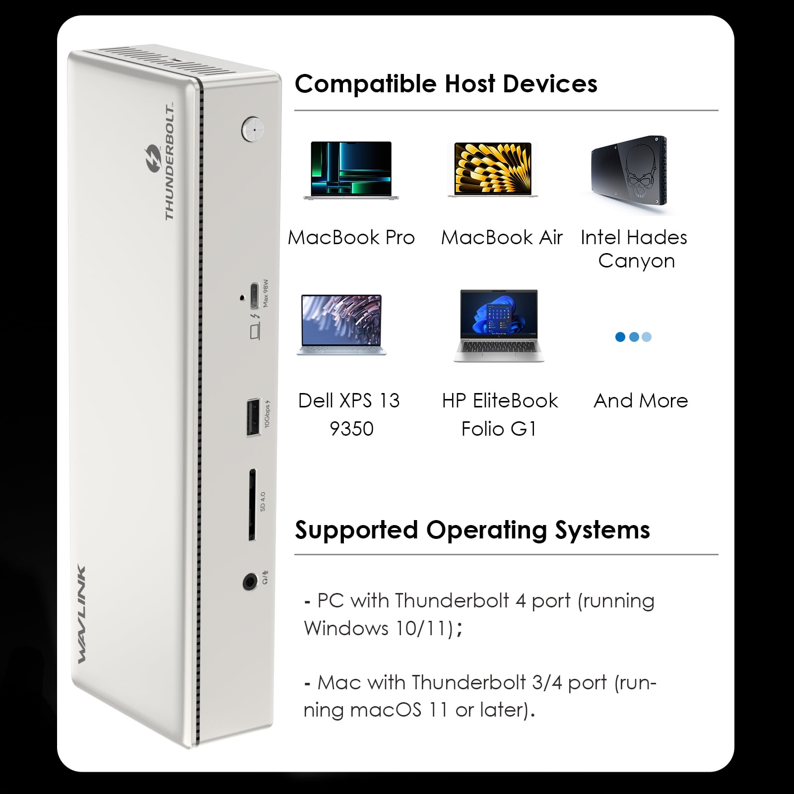 WAVLINK 15-in-1 Thunderbolt 4 Quad Display Dock ,  40Gbps Docking Station with 98W Laptop Charging, Single 8K@30Hz Quad 4K@60Hz and More