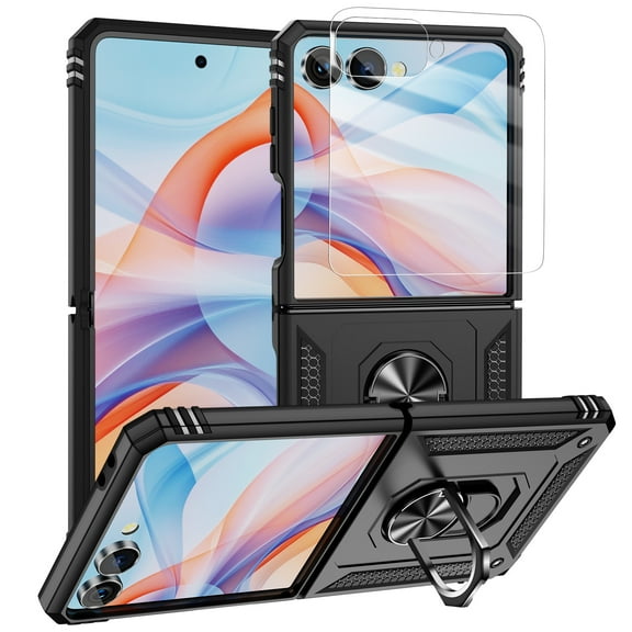 Dteck for Samsung Galaxy Z Flip 7 Case with Screen Protector & Ring Stand, Shockproof Flip Phone Case for Galaxy Z Flip 7 5G [Support Magnetic Car Mount], Black