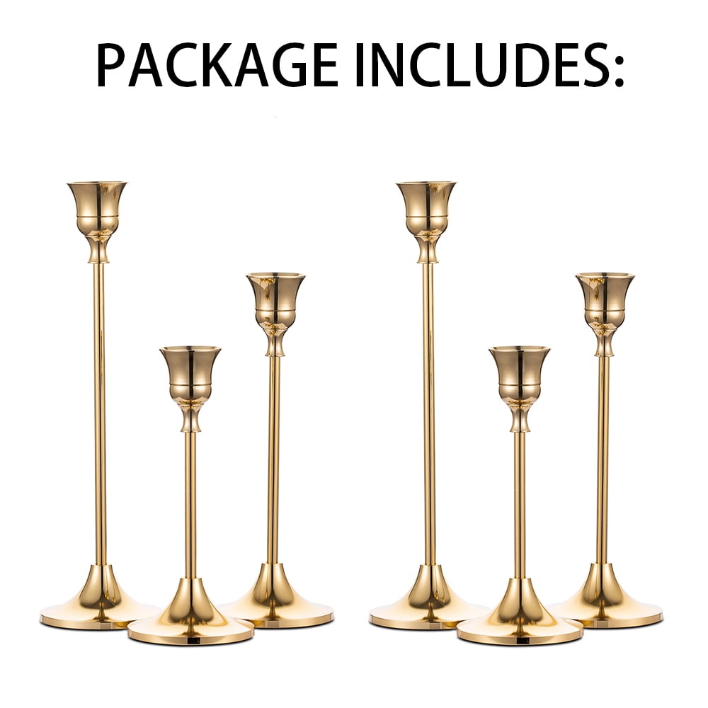 Nuptio 2 Sets(6 Pcs) Brass Gold Metal Taper Candle Holders Candlestick Holders