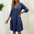 thumbnail image 2 of Vestido de Verano 3/4 Manga para las Mujeres Cuello en V Lino Vestido Suelto, Suelto Vestido Fluido para las Mujeres con Bolsillos Color Sólido, 2 of 7