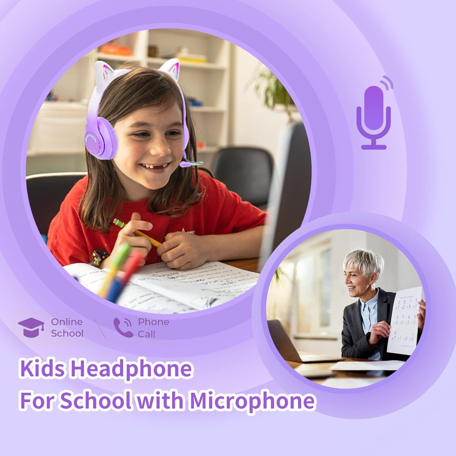 Yuehuam Cat Ear Headphones, Kids Bluetooth Headphone with Microphone, Foldable Comfortable and Adjustable Wireless/Wire Over Ear Headset for Girls Teenagers and Adults, Purple