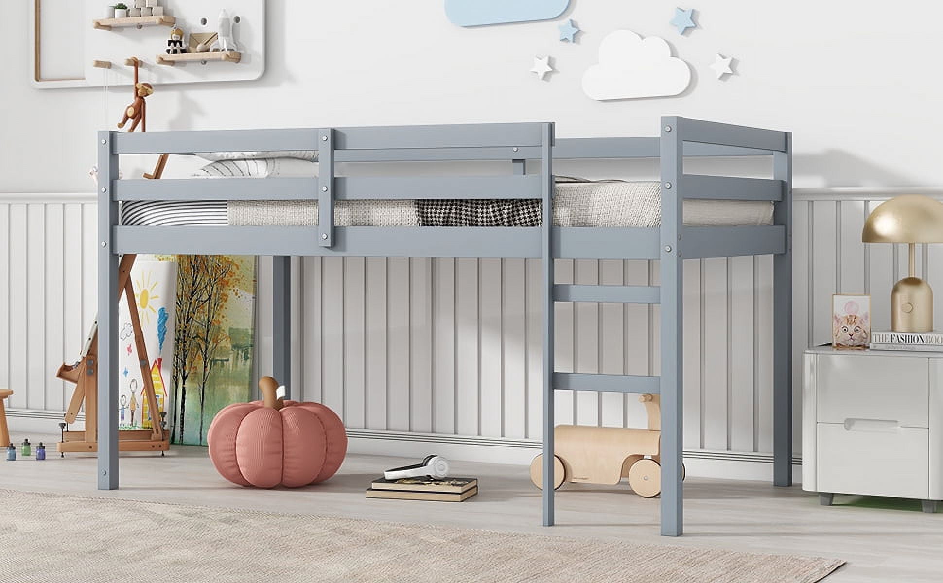 Solid Wooden, Rubber Wooden Twin Loft Bed with Ladder, Bed Platform of Strengthened Slats, Grey