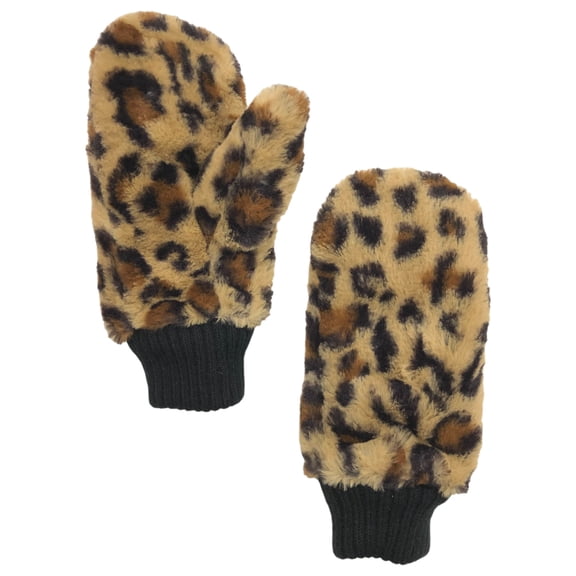 Womens Fuzzy Plush Black & Brown Leopard Print Faux Fur Mittens