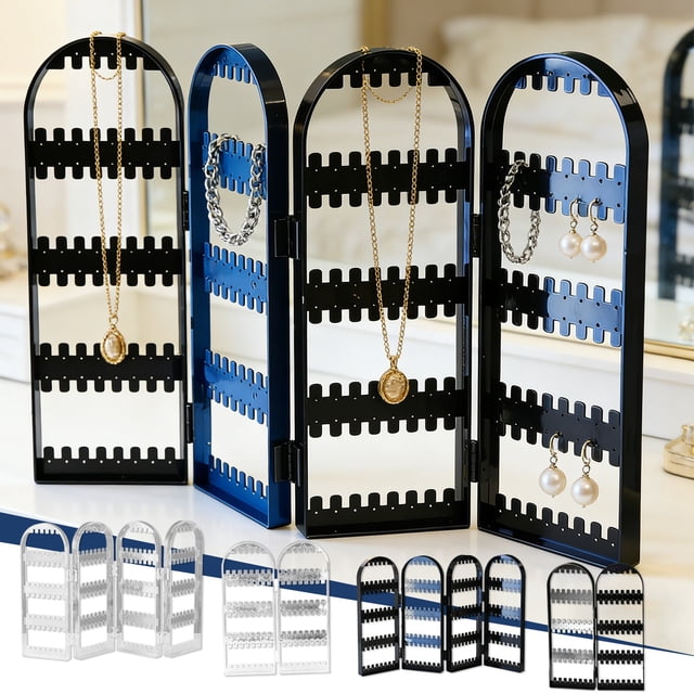 Plastic Storage Rack 1Pcs Black Plastic Foldable Jewelry Organizer with 120 Holes 64 Grooves Desktop Earring Necklace Display Storage Rack Rkxzt