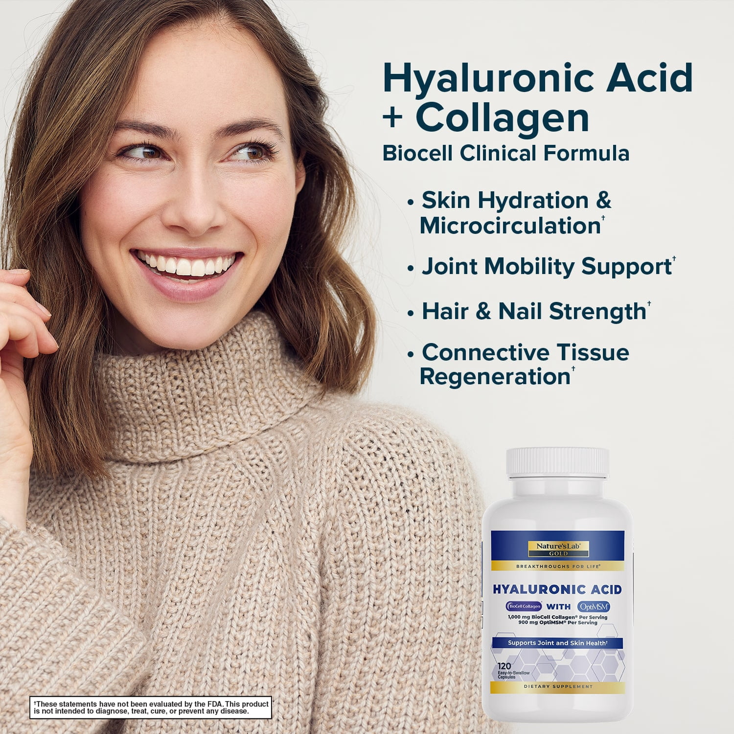 Nature's Lab Hyaluronic Acid with Biocell Collagen and MSM - 120 Capsules (40 Day Supply) - Skin Hydration, Joint Health*