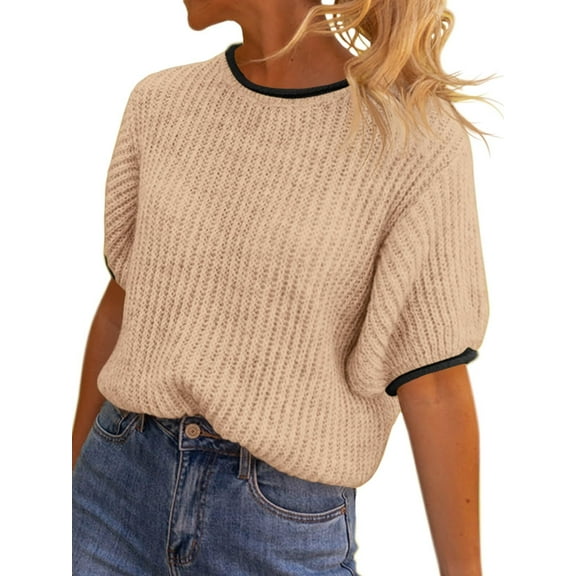Womens Puff Short Sleeve Sweater Tops Spring Summer Trendy Color Block Ribbed Knit Crew Neck Going Out Pullover Tops