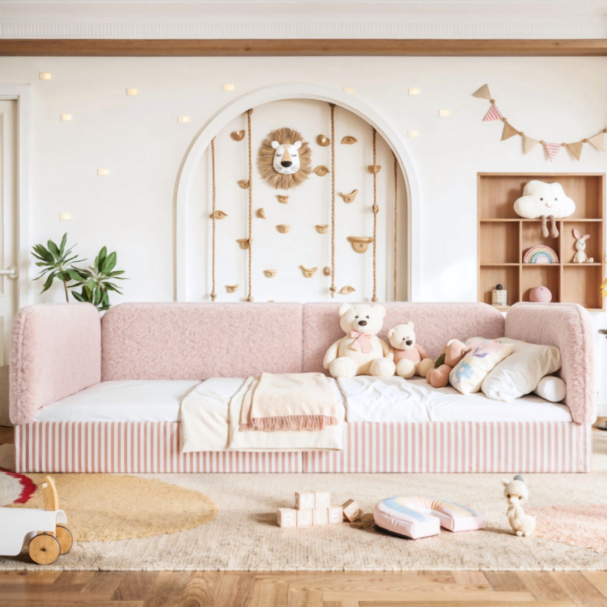 Queen Size Upholstered Teddy Fleece Floor Bed Frame, Half-Enclosed Montessori Low Profile Platform Bed with Full-Perimeter Guardrails for Kids, Pink