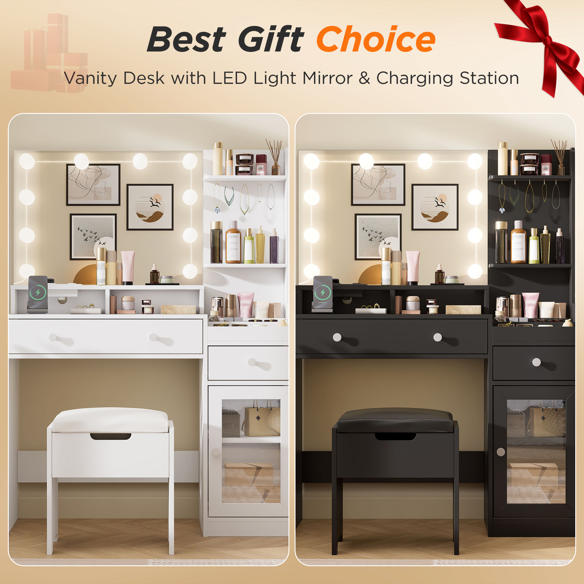 Veanerwood 39.8" White Vanity Desk with Mirror & LED Lights photo 7
