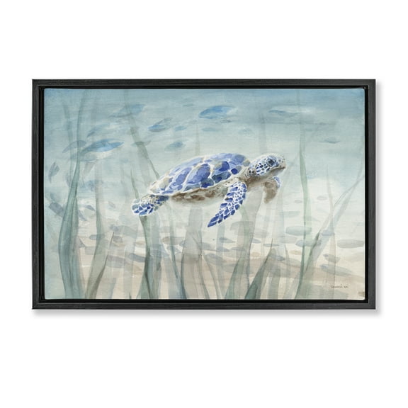 Stupell Industries Undersea Turtle Swim Animals Painting Black Floater Framed Canvas Art Print Wall Art, 25 x 17