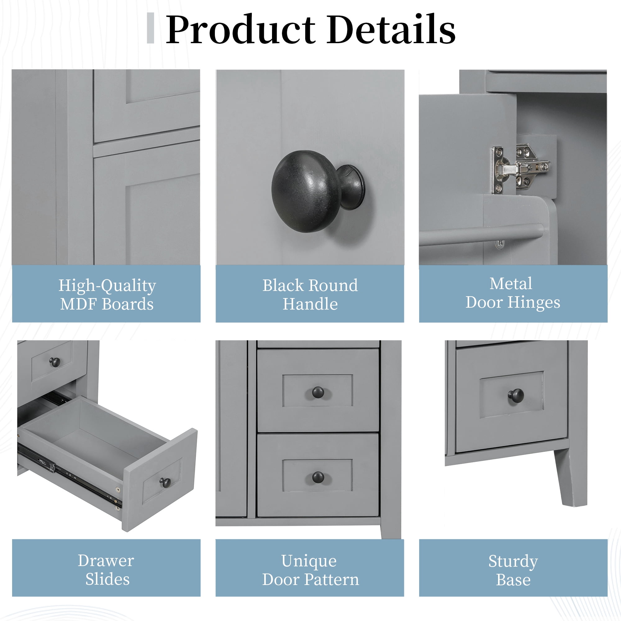 Anpport 36" Freestanding Bathroom Vanity with Sink, Modern MDF & Rubberwood Cabinet, 3 Drawers, Adjustable Shelf & Left‑Side Door, Grey