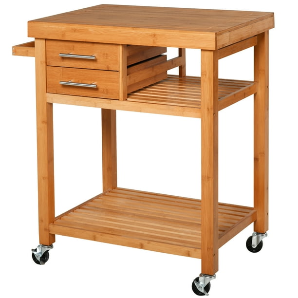 Bamboo Rolling Kitchen Island Trolley for Living Room Utility