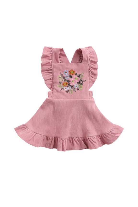 Newborn Infant Baby Girls Floral Dress Embroidery Corduroy Ruffles A-Line Suspender Overalls Clothes