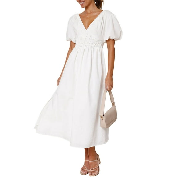 Sylvamorning Women Summer Midi Dress Short Sleeve V-Neck Ruched Long Dress for Holiday