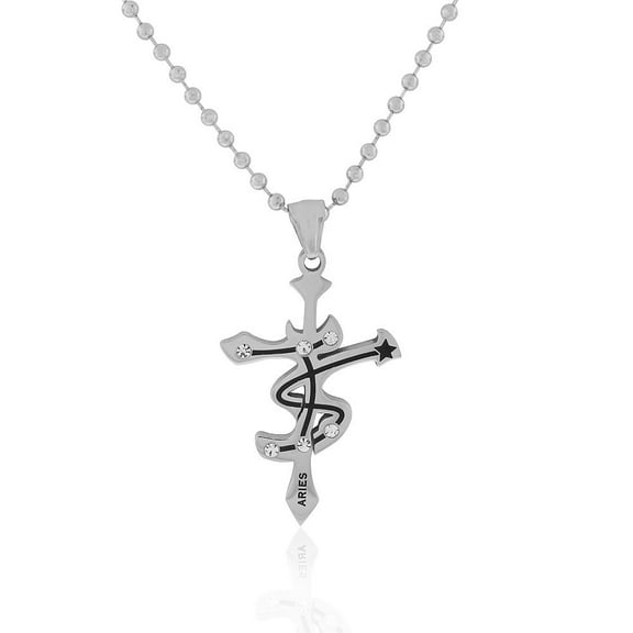 Stainless Steel Silver-Tone White CZ Zodiac Cross Pendant Necklace - Aries, 24"