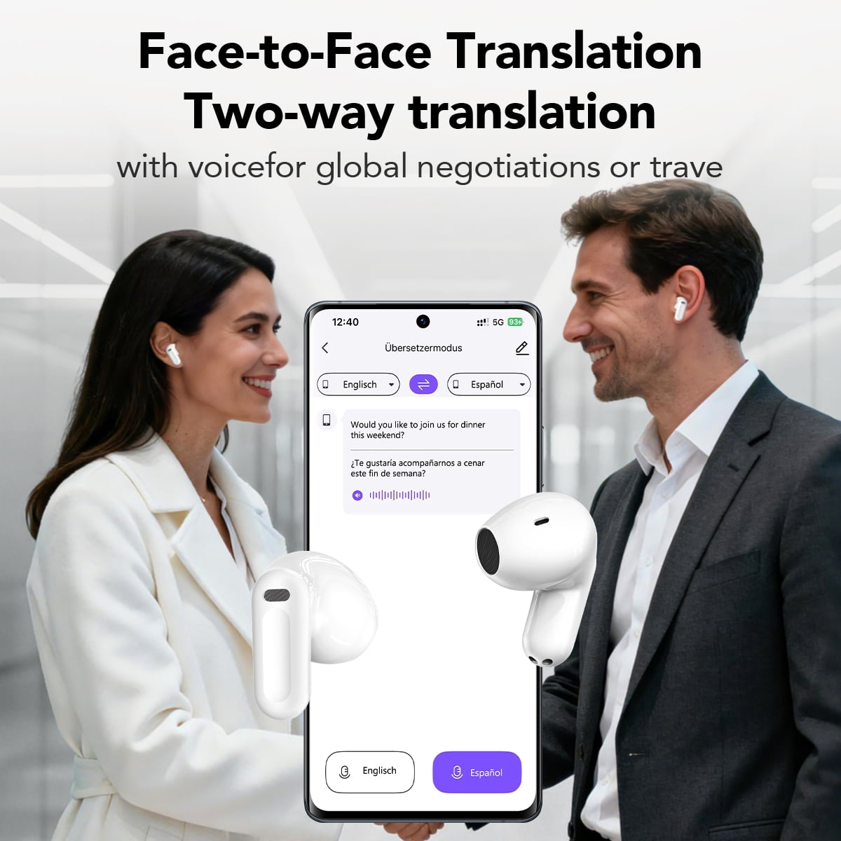 HTC NE20 Wireless Headphones AI Language Translation Earbuds Real Time for 144 Languages Headphones Translator with APP
