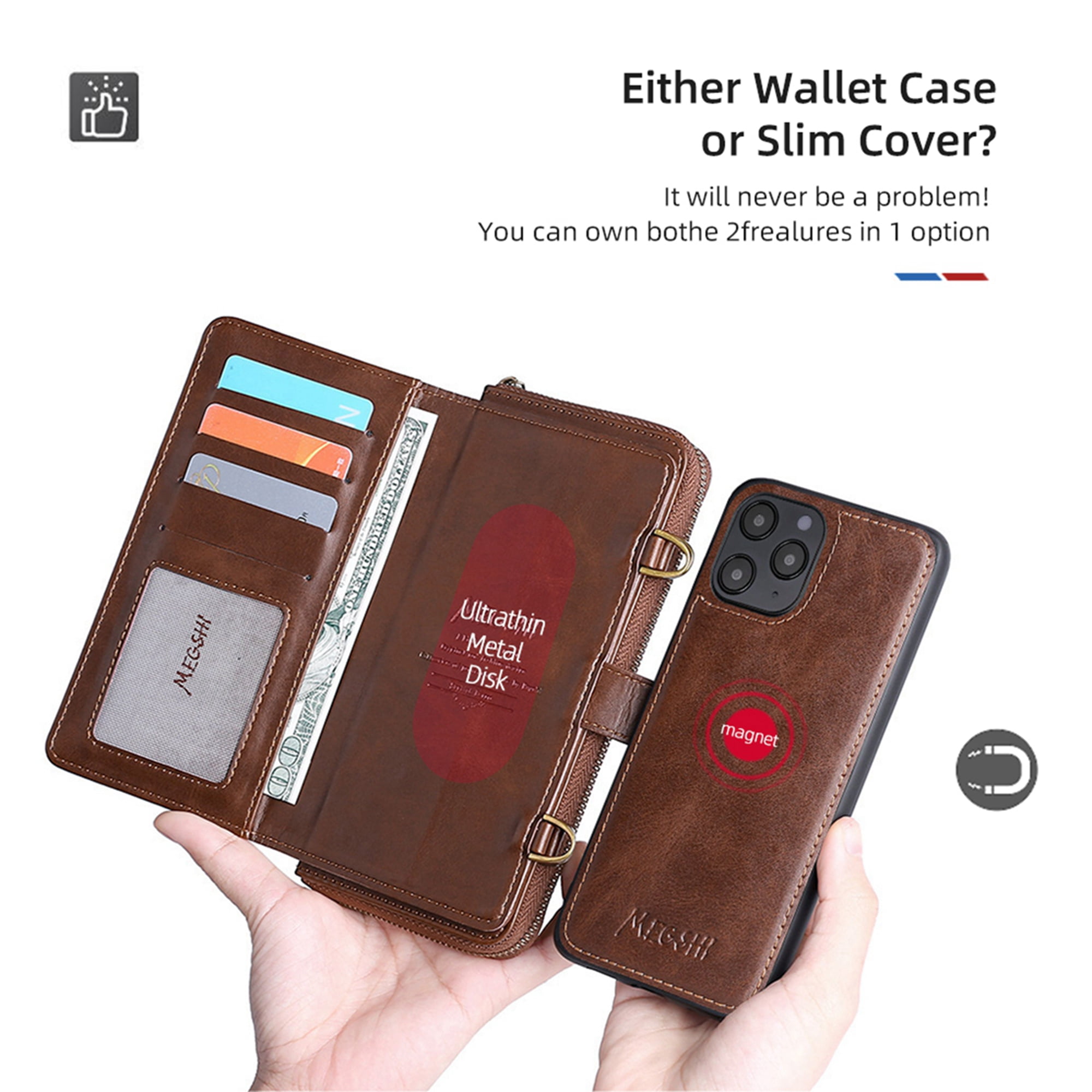 Dteck Wallet Case for iPhone 12 Pro / iPhone 12 6.1-inch, 2 in 1 Magnetic Detachable Wallet Purse [Crossbody Chain] Durable PU Leather Zipper Handbag Folio Flip Card Slot Protection Back Cover, Brown