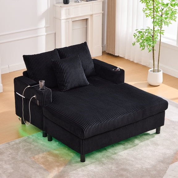 Miekor Furniture Modern Corduroy Oversized Recliner Sofa with Deep Seat, 3 Pillows, USB Charging, RGB LED Light Strip, Cup Holder, Side Pocket - Suitable for Living Room and Bedroom MK1977