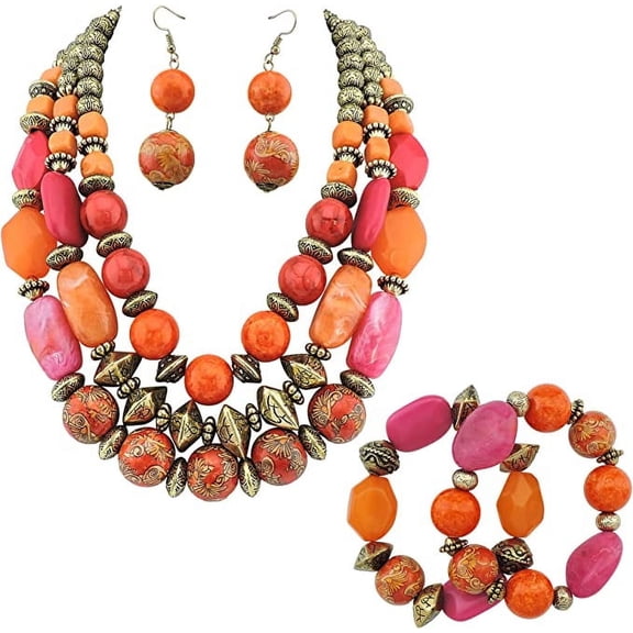 Bocar 3-Layer Chunky Bohemian Style Women's Jewelry Set Gift, with Carved Wooden Beads, 24 Inches, Pink Red