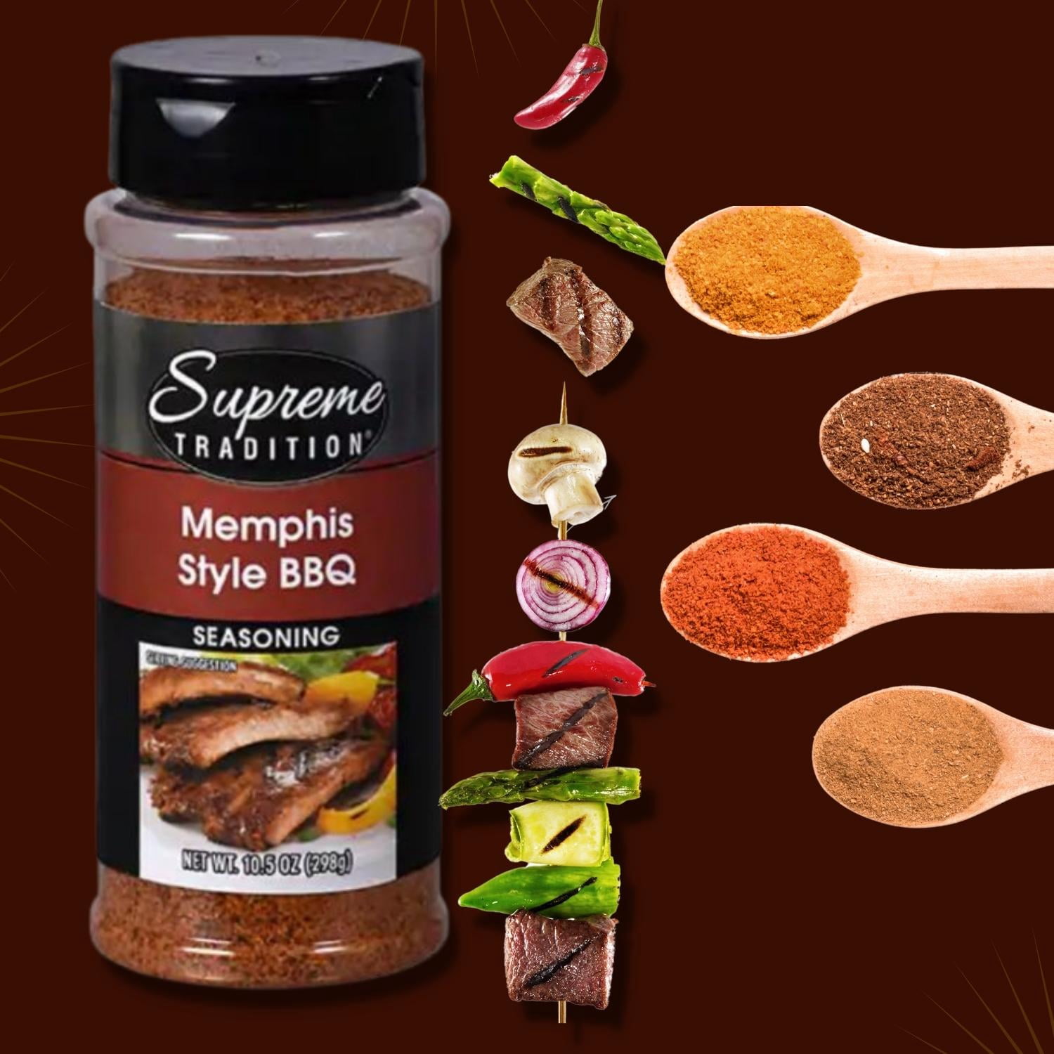 Supreme Tradition Memphis Style Barbecue Seasoning, 10.5 oz. Bottles Savory and Spicy Blend Spice Perfect for Home Kitchen Barbecue Grilling with Built-in Shakers Set of 2