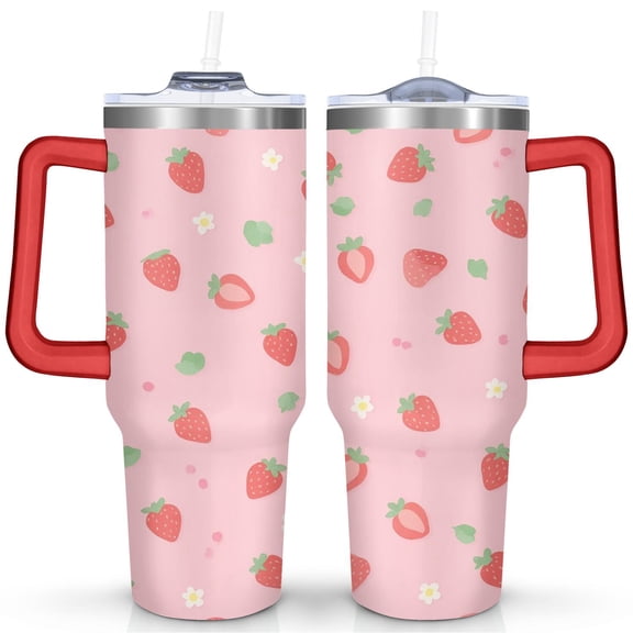 40oz Sweet Berry Tumbler - BPA-Free Vacuum Insulated Cup with Handle - Cartoon Strawberry Cake Design for Outdoor Enthusiasts