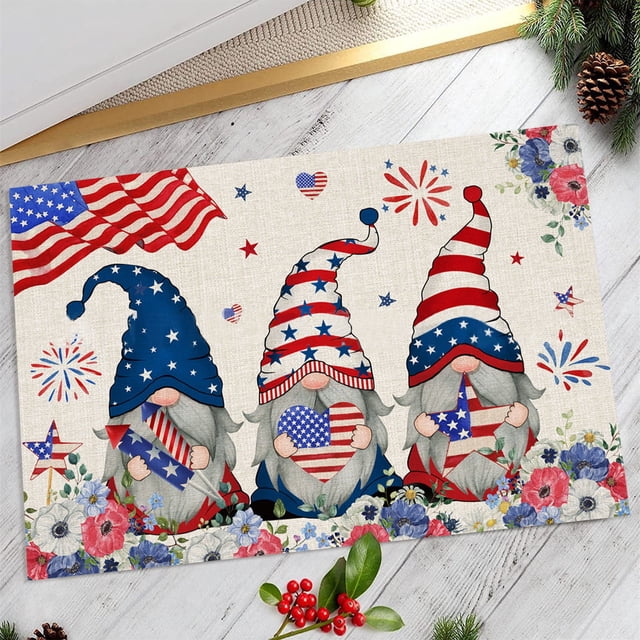 Aedtie Carpet,Polyester Carpet,Independence Day Doormat Rustic American Patriotic Gnomes and Flag Colorful Floral Indoor Doormat 4 of July Patriotic Floor Mat Low Profile Rug for Home Office