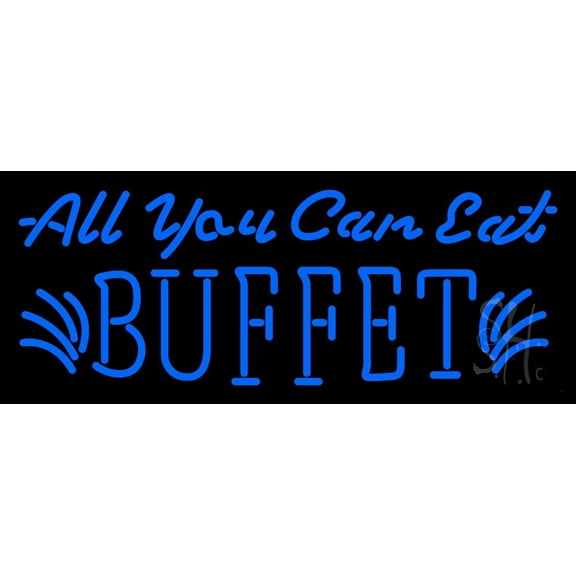 Blue All You Can Eat LED Neon Sign 13 x 32 - inches, Black Square Cut Acrylic Backing, with Dimmer - Bright and Premium built indoor LED Neon Sign for restaurant window and interior decor.