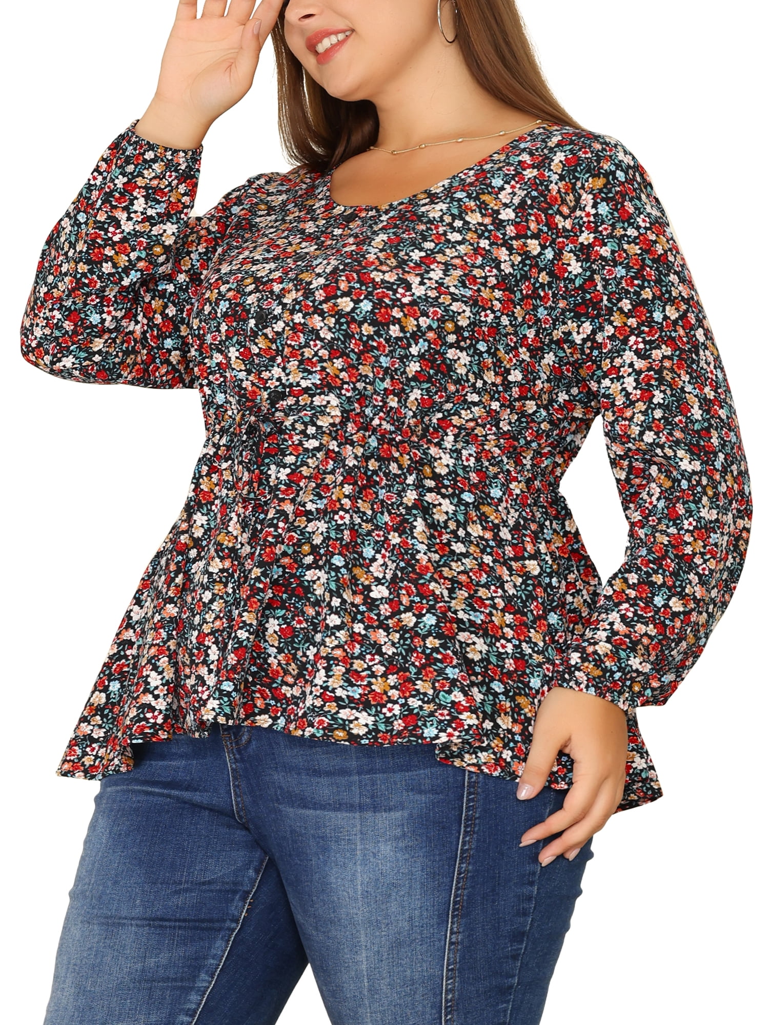 DARING DIVA Women's Plus Size Floral Print Long Sleeve Belt Tie Peplum Top 4X Black