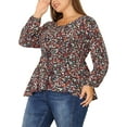 thumbnail image 4 of Unique Bargains Women's Plus Size Floral Long Sleeves Belt Tie Ruffle Peplum Top Blouses 1X Black, 4 of 6