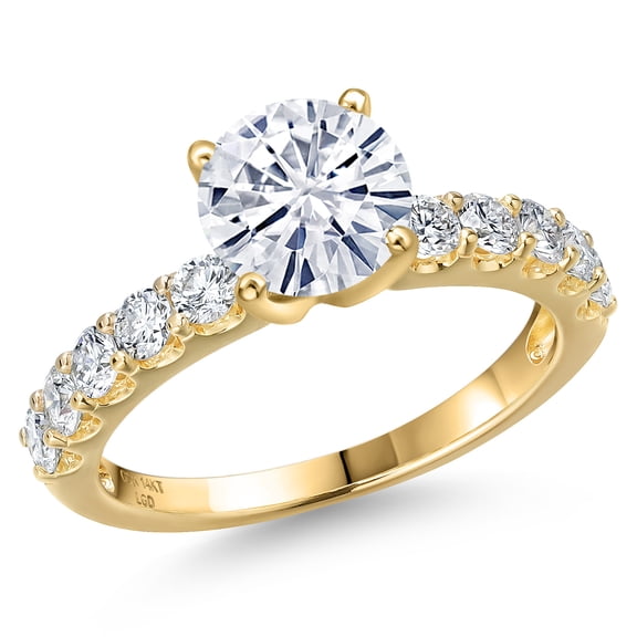 Gem Stone King 14K Yellow Gold White Moissanite and Lab Grown Diamond Engagement Ring for Women | 1.85 Cttw | Round 7MM | Gemstone Birthstone | Size 6