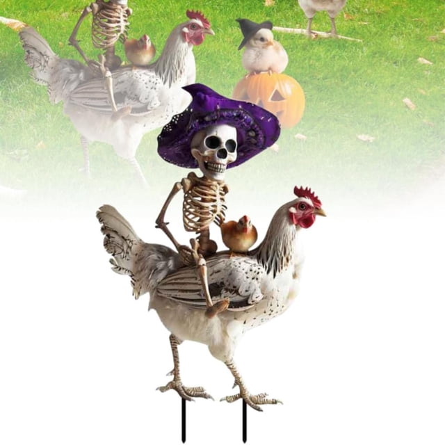 Halloween Yard Decoration 2024 New Skeleton Riding Rooster Yard Sign Skeleton Decor Figurines 2D Plane Realistic Halloween Winged Chicken Ornament Cute Halloween Decor