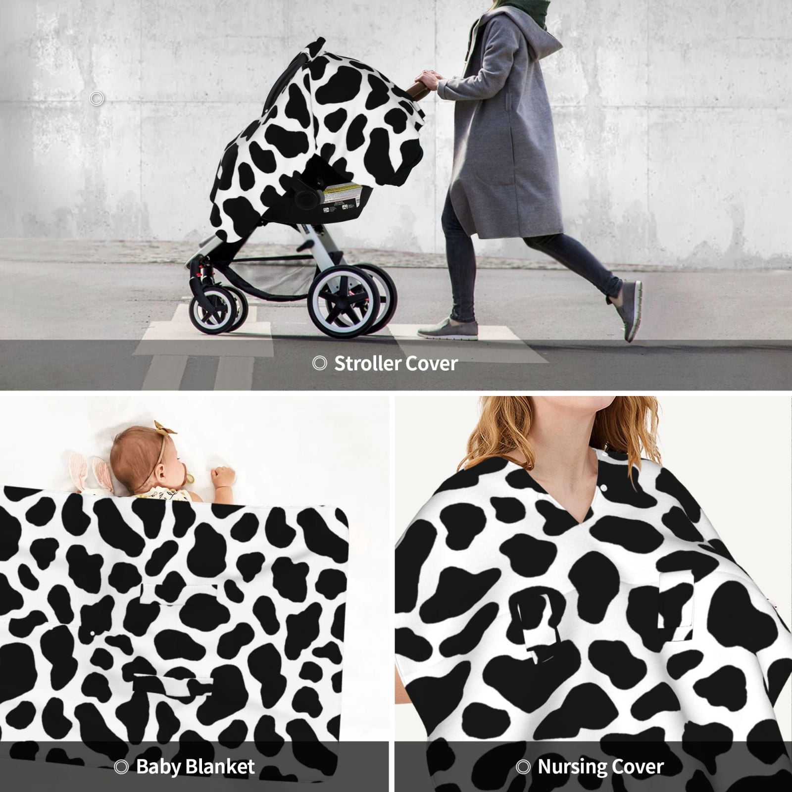 Car Seat Cover Baby - Cow black white print cute Breathable Infant Car Seat Cover for Baby Carseat, Lightweight Comfort Baby Essentials Must Haves Newborn Stuff for Girl Boy