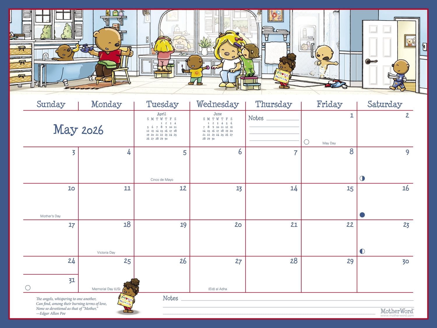 Calendrier familial ultime MotherWord 2026, grand format pour bureau ou mur, en anglais