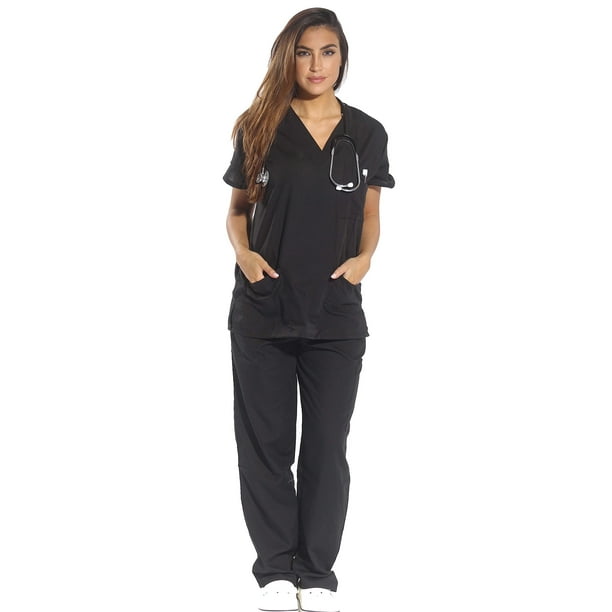 Just Love Womens Scrub Sets Six Pocket Medical Scrubs (V-Neck With cargo  Pant), Black, Small