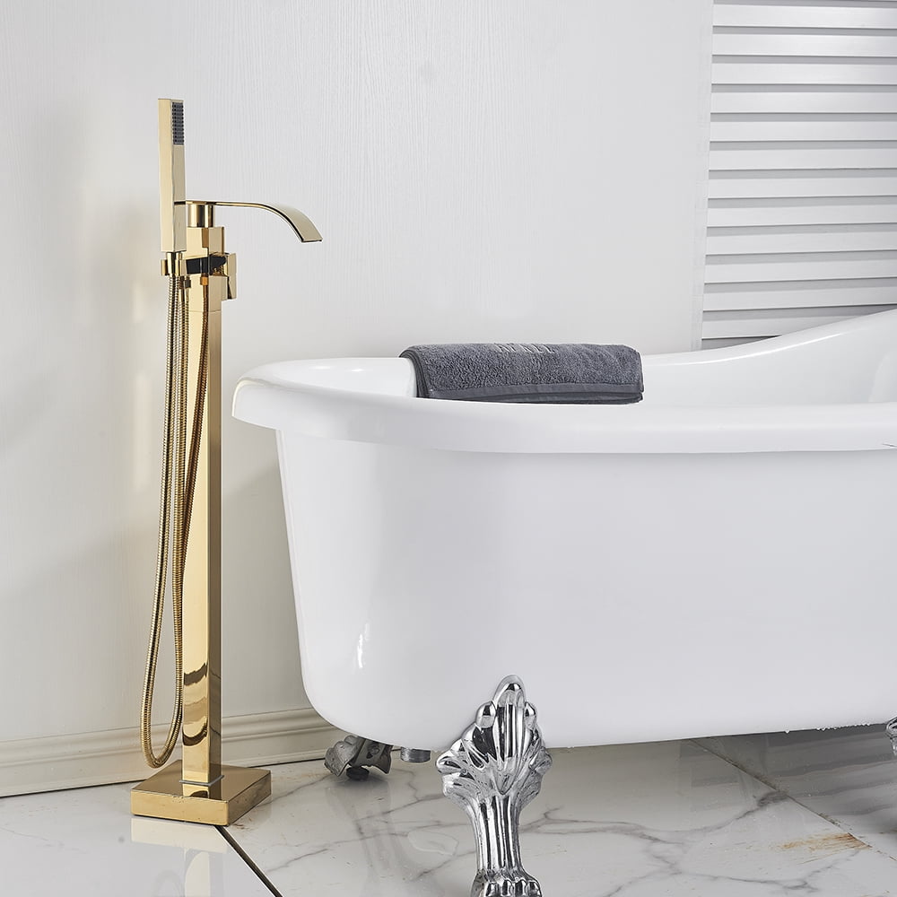 Golden Floor Mounted Bathtub Faucet Free Standing Tub Filler W/Hand Sprayer