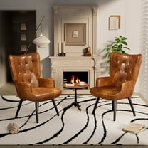 Pirecart Accent Chairs Set of 2, PU Leather Living Room Chair with High Backrest and Metal Legs, Wingback Chair Mid Century Modern for Living Room, Vanity, Bedroom, Brown