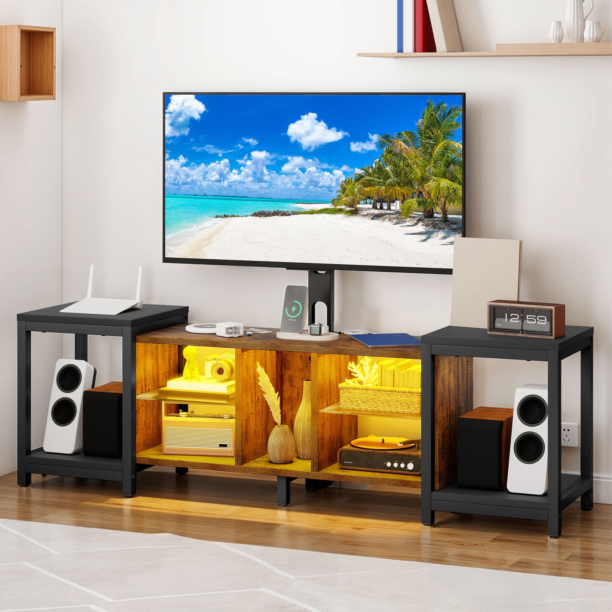Uforic TV Stand and Mount for 32" to 70", Entertainment Center with LED Light & Height Adjustable, Black& Brown