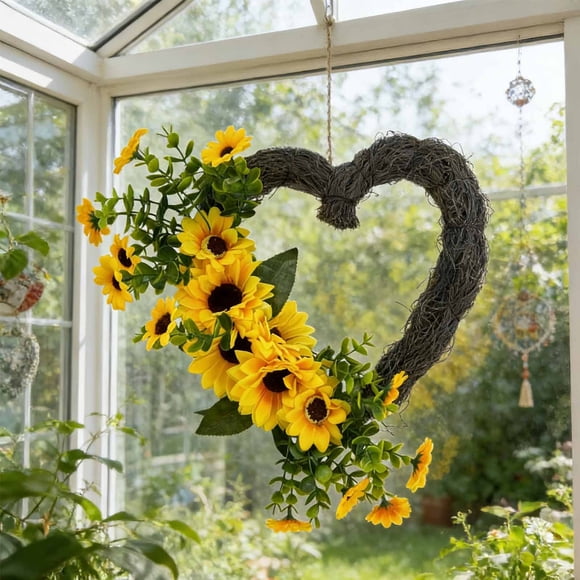 ddioayh Sunflower Heart Wreath Durable Front Door Decor 40x35cm Weather-Resilient For Home Wall Window Wedding Party Decor